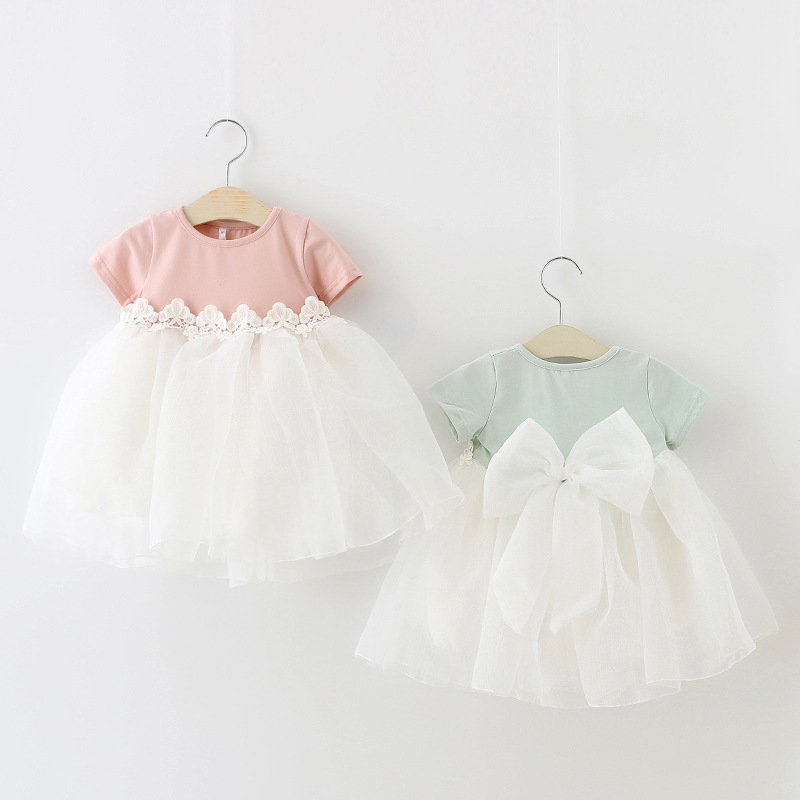 

2019 summer Girl Dresses lace bow Design Princess Dress Kids Clothes Summer patchwork Dress Children's bubble dress clothes BY1118, As photo