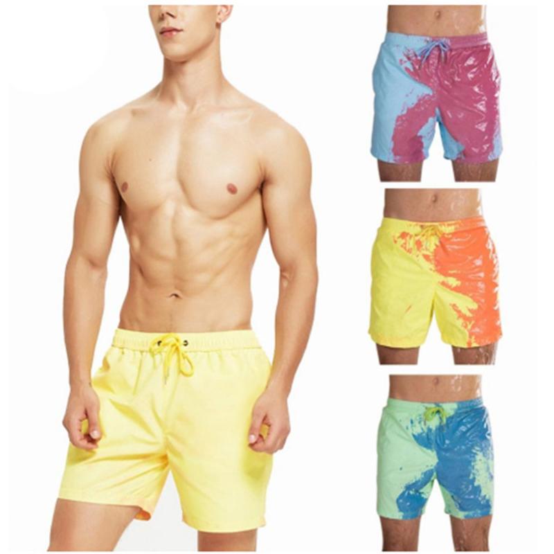

Men Beach Shorts Change Color Beach Pant Quick Dry High Temperature Discoloration Male Running Shorts Summer Swimming, Yellow