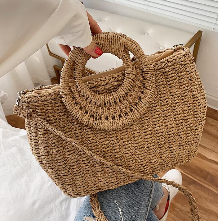 

Factory wholesale women handbag hand-woven large summer beach bags retro straw women handbags simple atmosphere fashion women handbag, Black;red