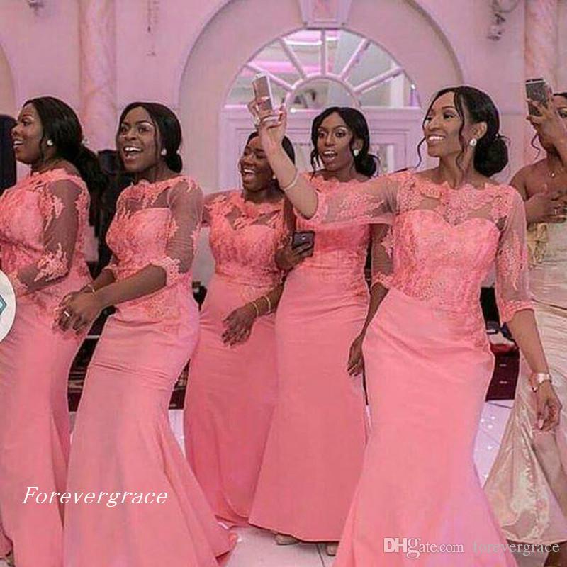

2019 Cheap Coral Bridesmaid Dress Wedding Ceremony Mermaid Long Nigerian Black Girls African Formal Maid of Honor Gown Plus Size Custom Made