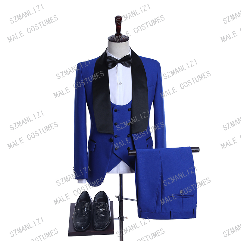 

2020 Royal Blue Slim Fit Wedding Costume Suit For Men Groom Suits Tuxedos 3 Pieces Groomsmen Party Suits Wedding Tuxedo For Men, As picture