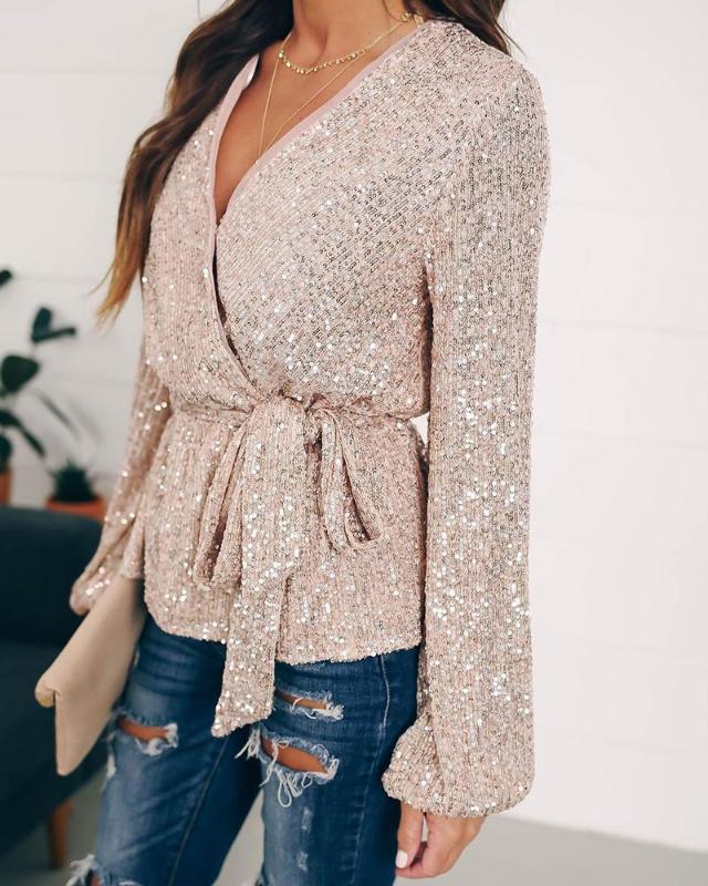 

2020 Women Elegant Fashion Casual Shirt Female Stylish Basic Party Blouse Sequined Tie Waist Wrap Top, Champagne