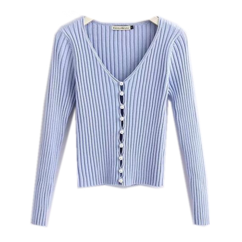 

2019 Stylish Knitting Single Breasted Pearl Cardigan Sweater Woman Deep V-neck Long Sleeve Jumper kleding jerseis, Black