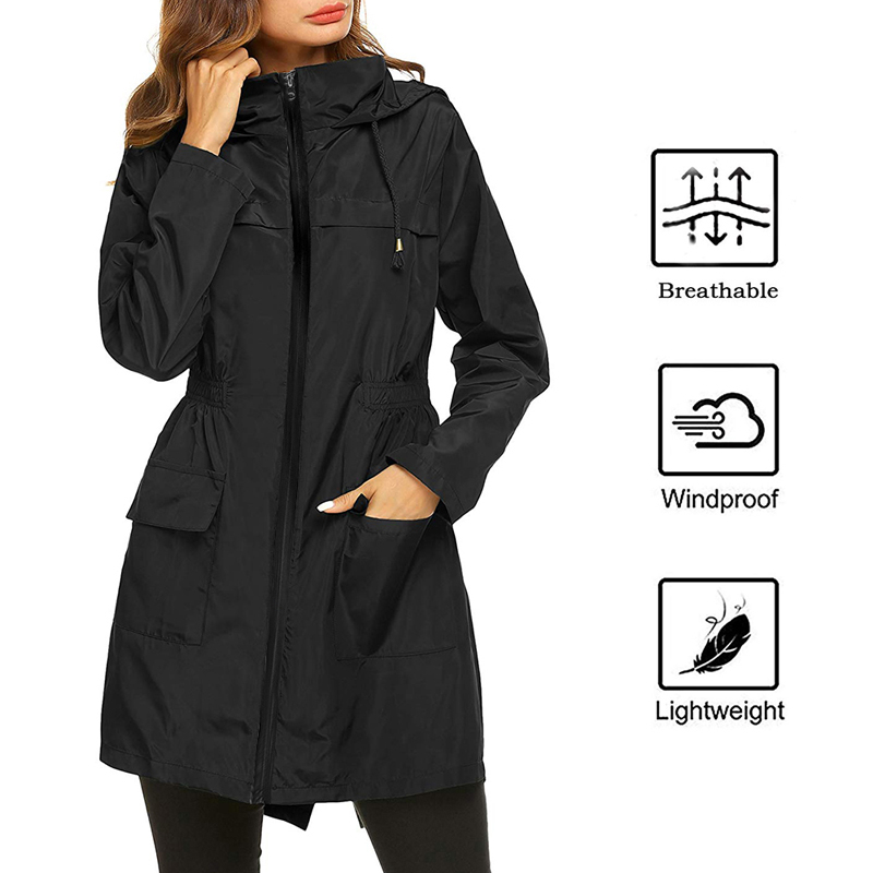 

2019 Women Waterproof Packable Hooded Jacket Outdoor Hiking Clothes Lightweight Raincoat For Women, Black