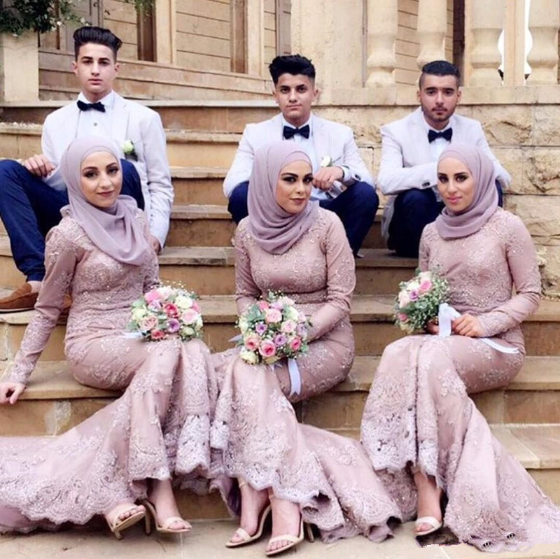 

Muslim Bridesmaid Dresses Long Sleeve Mermaid Lace Arabic Wedding Guest Dress Formal Evening Dresses Custom Size Prom Party Gowns
