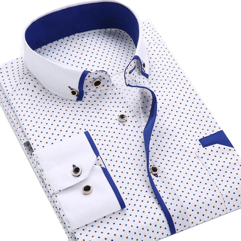 

Business Men Dot Plaid Print Turndown Collar Long Sleeve Button Shirt Blouse Top Men' Comfortable Dress Shirt Work Wear, Sh219