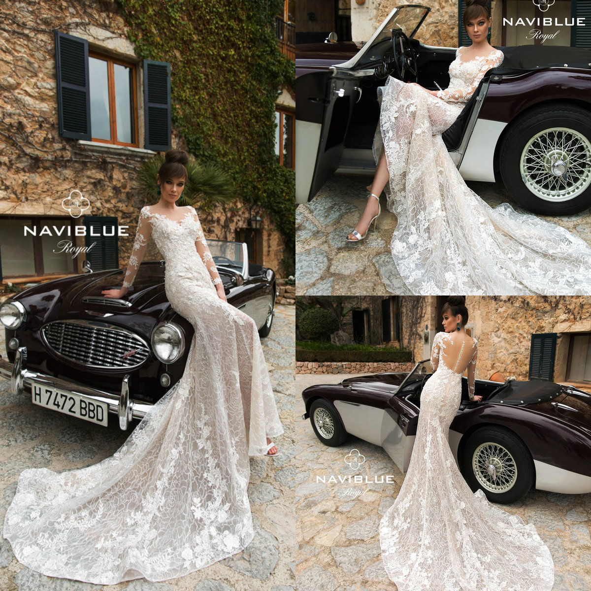 

Naviblue Dolly Mermaid Wedding Dresses Sheer Jewel Neck Lace Appliqued Button Back Beach Wedding Gowns Sweep Train Long Sleeve Bridal Dress, Gold