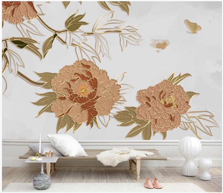 

3d wallpaper custom photo Chinese style flower peony golden relief lines living room home decor 3d wall murals wallpaper for walls 3 d, Non-woven