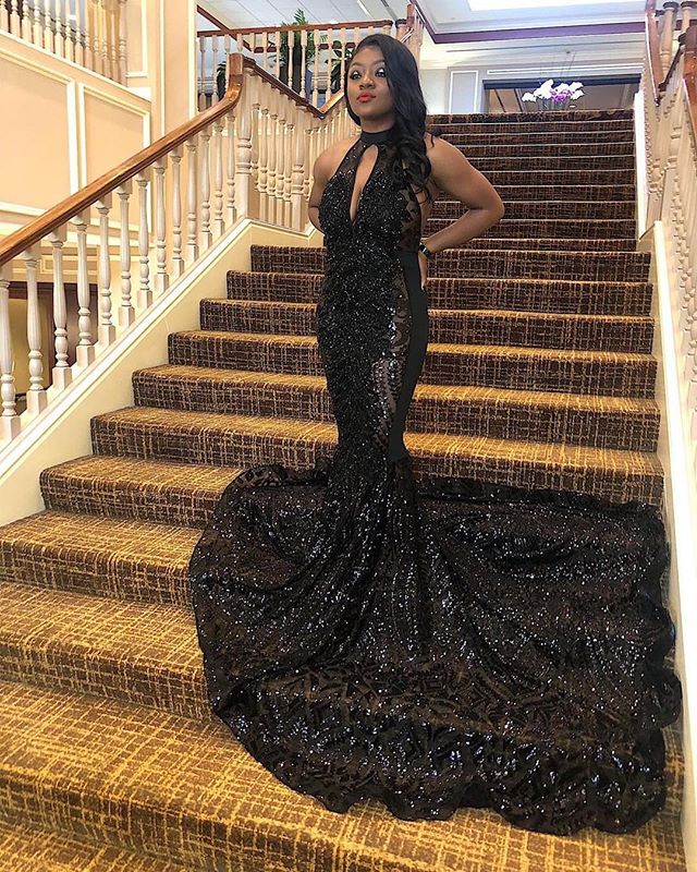 

Black Halter Sequins Mermaid Long Prom Dresses 2019 Hey hole Illusion Lace Applique Sweep Train Evening Party Gowns, Same as picture