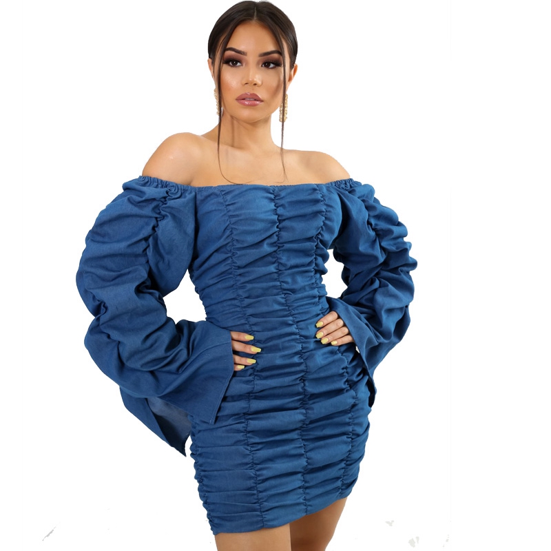 

new style Long Sleeve Off Shoulder Pleated Dress Women Sexy Bodycon Party Dress Elegant Sheath Ruched Short Winter Autumn Mini Club, Blue