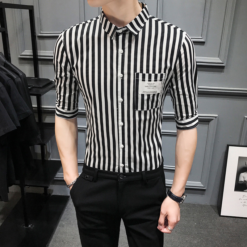 

Summer Mens Striped Shirt Formal Business Short Sleeve Casual Slim Fit Dress Shirts High Quality Camisa Masculina Blouse Homme, Black