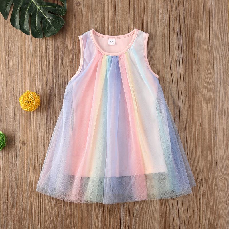 

Summer Kid Princess Girl Birthday Party Dress Infant Baby Girls Dress Rainbow Print Sleeveless Lace Tutu Mini, As pic