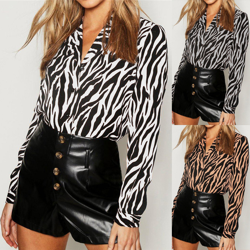 

Women Blouses Long Sleeve Turn Down Collar Chiffon Blouse Fashion Zebra Print Office Shirt Casual Tops Plus Size, Gray