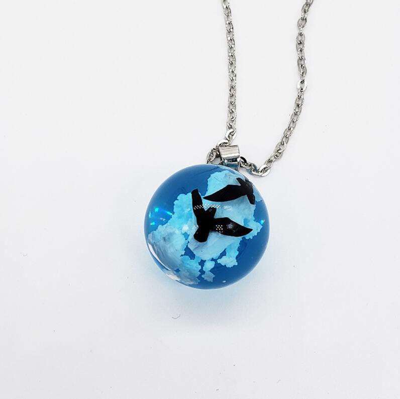 

Night light two birds blue sky white cloud Necklace little bird ball resin sky cloud Pendant