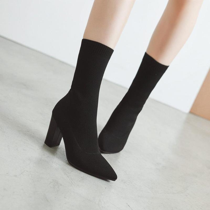 

Women's Boots Pointed Toe Stretch Fabric Elastic Ankle Boots Thick Heel High Heels Shoes Woman Female Socks 2020 Spring, 1 beige