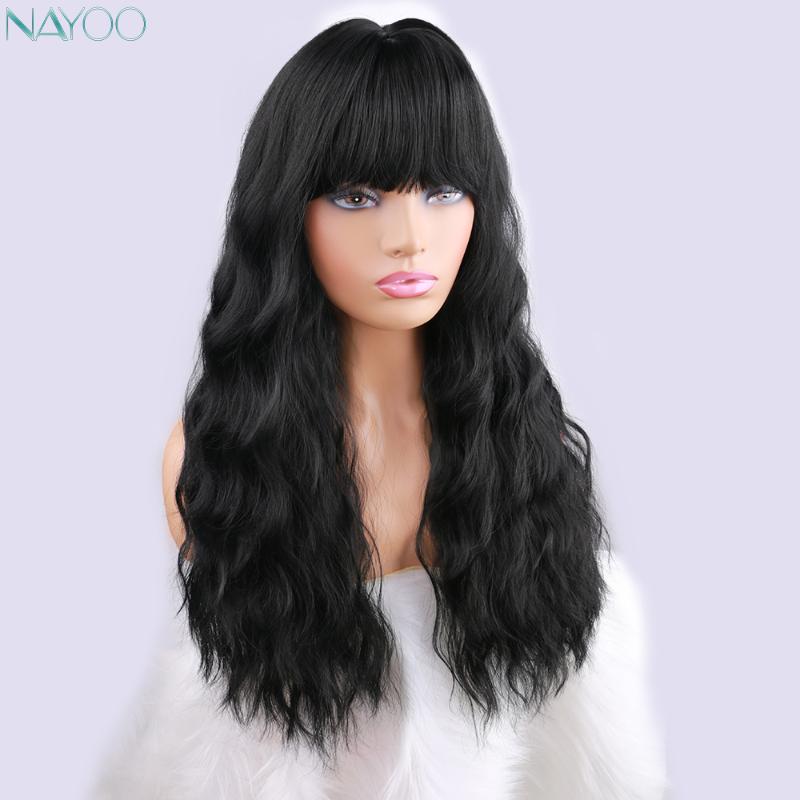 

Long Women's Wigs with Bangs Kinky Curly Natural Black Synthetic Hair Wigs For Women African American Cosplay Party Wig, #1b