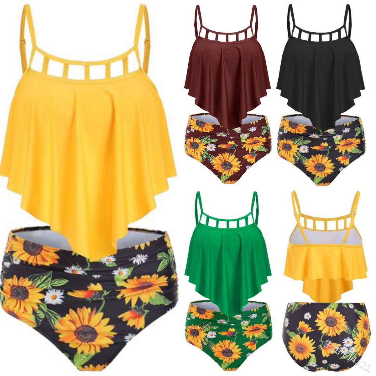 

Women Sexy Bikini Womens Trendy Swimsuits Girls Sunflower Print High Waist Bikinis Ladys Sexy Swimwear Lotus Leaf Swimsuit Casual Swinsuits, Yellow