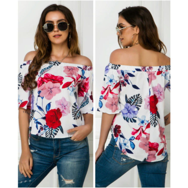 

Women's Printed Dyeing Pigmentation Floral Flowers Backless Off Shoulder Short Sleeve Collage Mosaic Party Casual Jumper, White