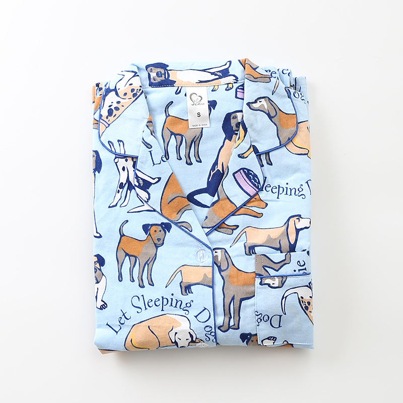 

Womens Pajamas Sets 100% Cotton Long-Sleeve Cute Cartoon Dog Pajamas Sleepwear Turn-down Collar Women Sexy Summer Homewear, Blue