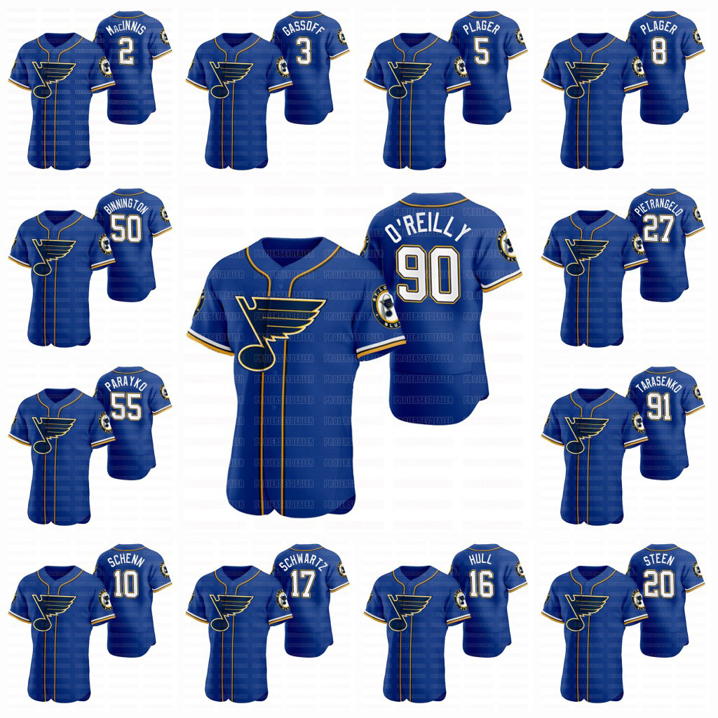 

St. Louis Blues 2020 Hockey X Baseball Crossover Tarasenko Ryan O'reilly Tarasenko Binnington Perron Pietrangelo Schenn Jersey, Flex base mens s-3xl