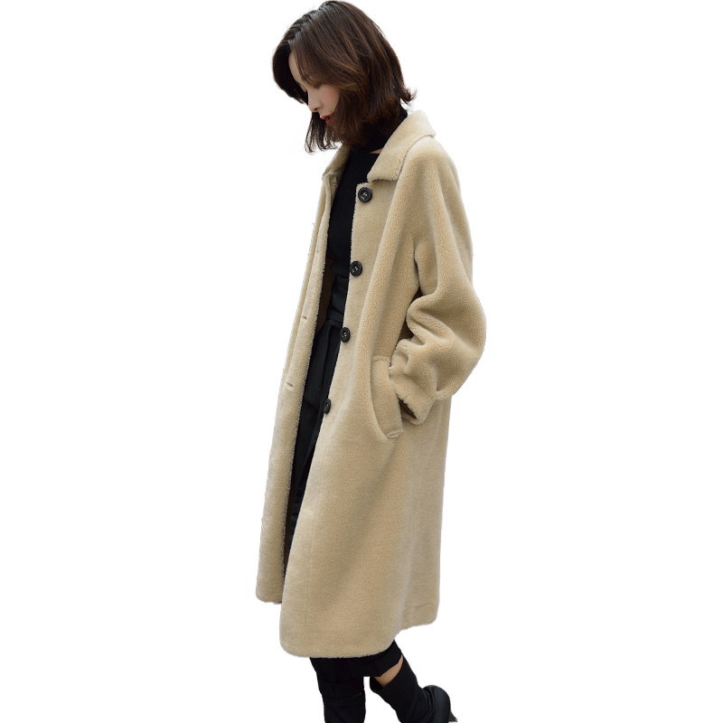 

Women Sheep Shearling Jacket Real Wool Fur Coat Female 2020 Korean Fashion Long Warm Woman Winter Coats Plus Size 4XL YQ309, Beige