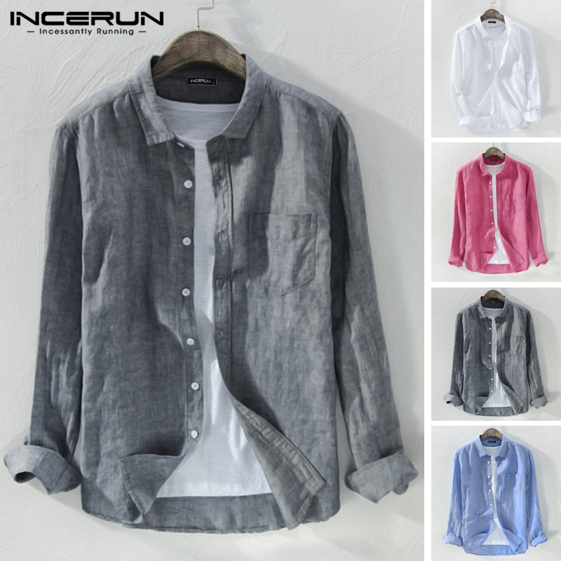 

INCERUN 2020 Cotton Men Casual Brand Shirt Button Lapel Long Sleeve Blouse Breathable Harajuku Solid Color Streetwear Camisa, Gray shirt