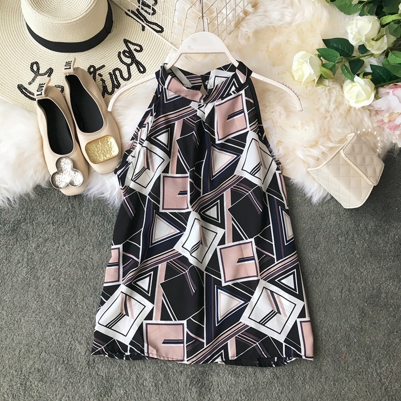 

Women Summer Blouses Fashion Geometric Printed Chiffon Shirt Halter Neck Sleeveless Blouse Slim Ladies Tops Blusas Mujer Shirts, Lblue