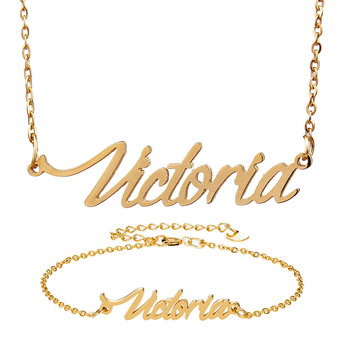Stainless Steel Name Necklace Bracelet Set " Victoria " Script Letter Gold Choker Chain Necklaces Pendant Nameplate for womens Gift-image-457467218