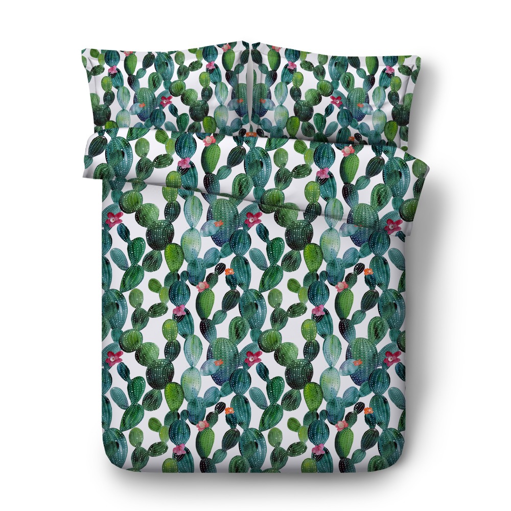 

JF-501 HD Digital Green Cactus print bedding set 4pcs kids single bed linen double bed sheet Nordic duvet cover sets Queen king, As pic