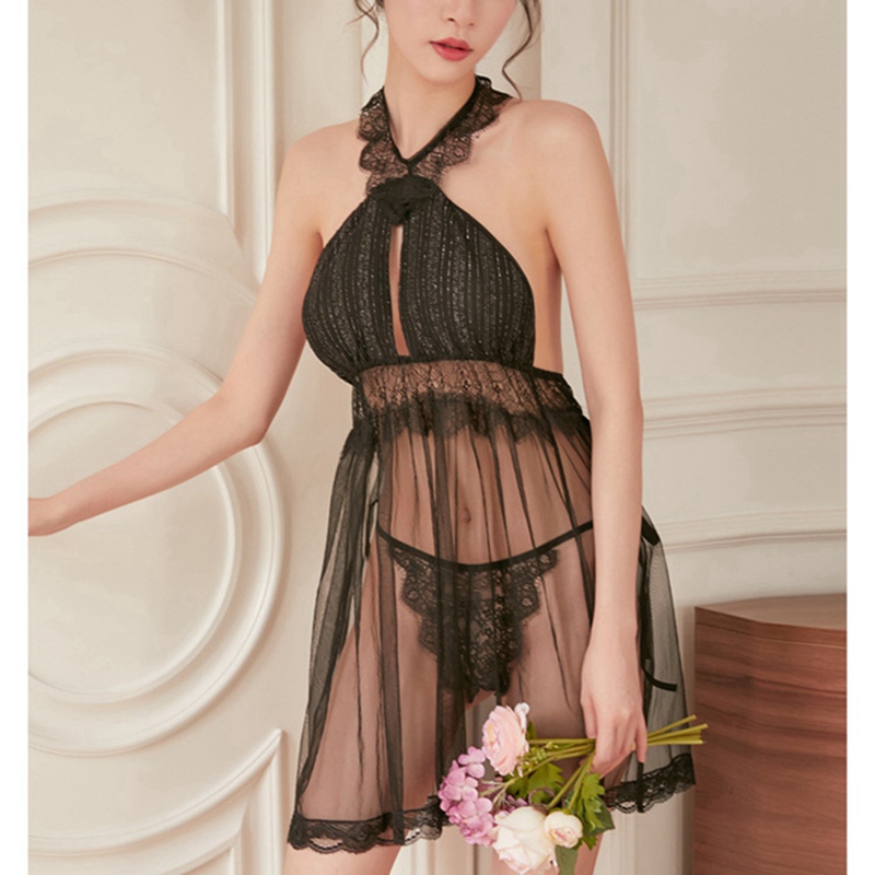 

Lace Night Dress Sexy Women Sleepwear Backless Night Gown See-though Lingerie Mini Dress Porno Sleepshirts Lady Women Clothing, Black