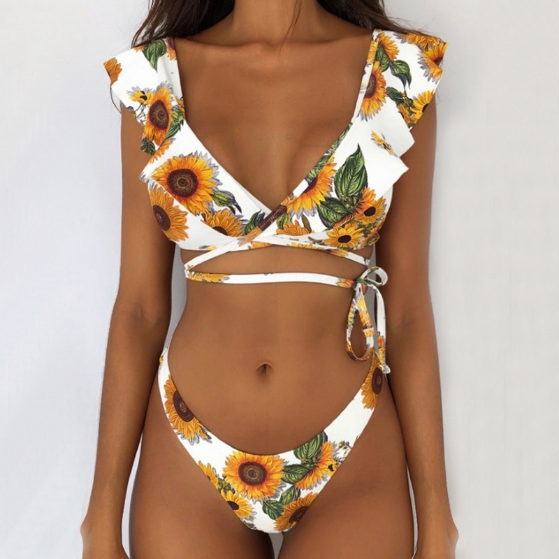 

Dropship Sexy Bikini Set Off Shoulder Print Ruffle Bikini Mujer 2020 New Swimwear Women Swimsuit Brazilian Thong Biquini Push Up