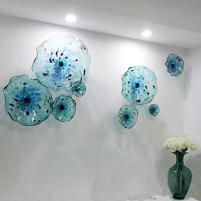 

Creative Murano Flower Plate Arts Lamp Blue Color 100% Hand Blown Glass Hanging Plates Scallop Edges Shape