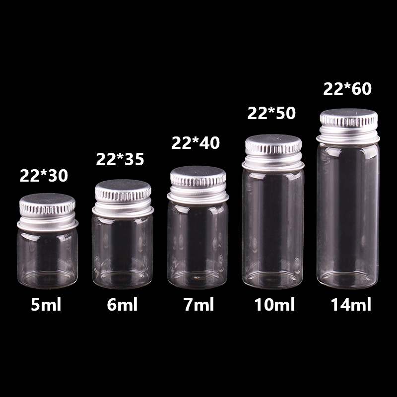 

5ml 6ml 7ml 10ml 14ml tiny Transparent Glass Bottles with Silver Screw Cap Cute Jar Vials DIY Craft 100pcs