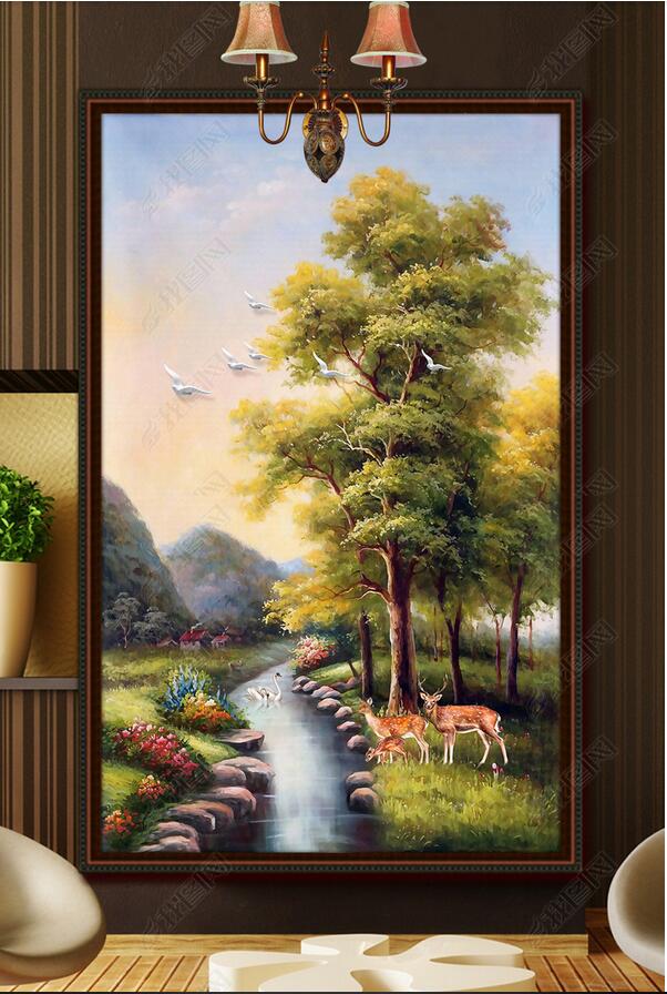 

3d wallpaper custom photo New Chinese-style water, wealth, wealth, tree, elk, beautiful scenery, porch mural muals wall paper for walls 3 d, Sky blue