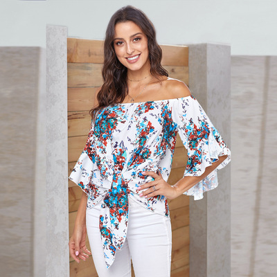 

Womens Fashion Loose Shirt Ladys Designer T-shirts Women Sexy Slash Neck Bell Sleeve Shirt Womens Casual Tops Print Clothing 2020 New Summer, White