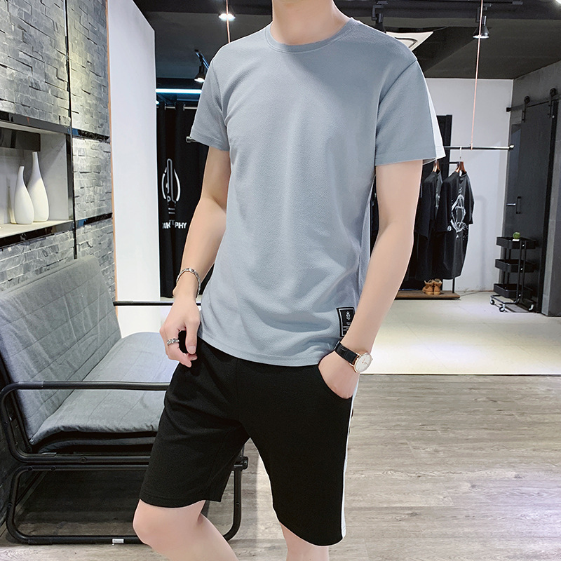 

Men's Short Sleeve Leisure Sports Suit Summer Cool Sport Handsome Two-piece Suit Fitness Running Breathable Suits, Gray black