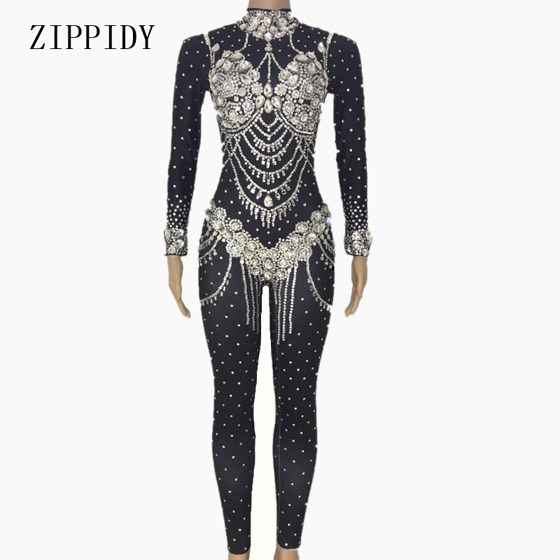 

Shining Crystals Black Jumpsuit Women's Evening Wear Celebrate Bodysuit Bright Rhinestones Costume Female Singer Birthday Outfit