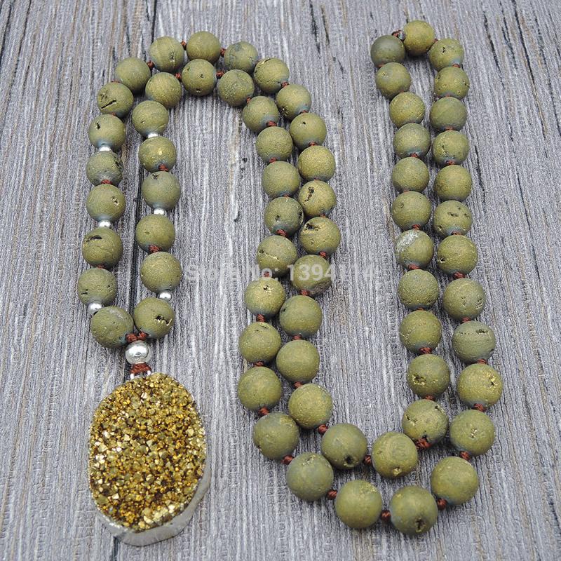 

Pendant Necklaces Titanium Rainbow Gold/Silver Crystal Druzy & Agat Round Beads Knot Handmade Necklace 30inch Or 40inch