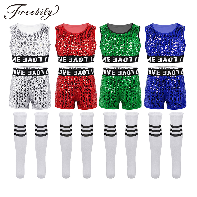 

Kids Teens Shiny Sequins Crop Tops with Shorts Socks Cheerleader Uniforms Set Children Girls Modern Hip-hop Jazz Dance Costumes