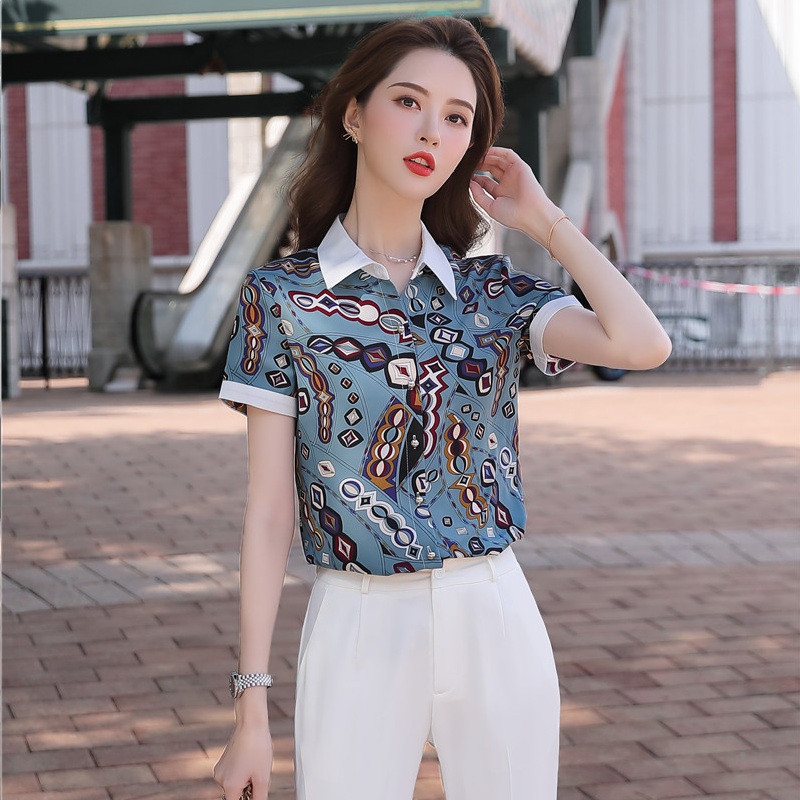 

New 2020 Summer Fashion Women Blouses & Shirts Short Sleeve Print Ladies Office Uniform Blouses and Tops, Blouse only