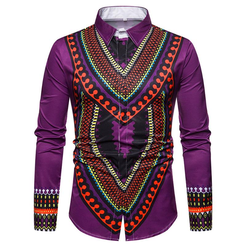 

Rich Dubai Men Shirts 2020 African Clothes Ethnic Print Office Business Work Tops 4 Colors Blue Blouse Long Sleeve Plus Size