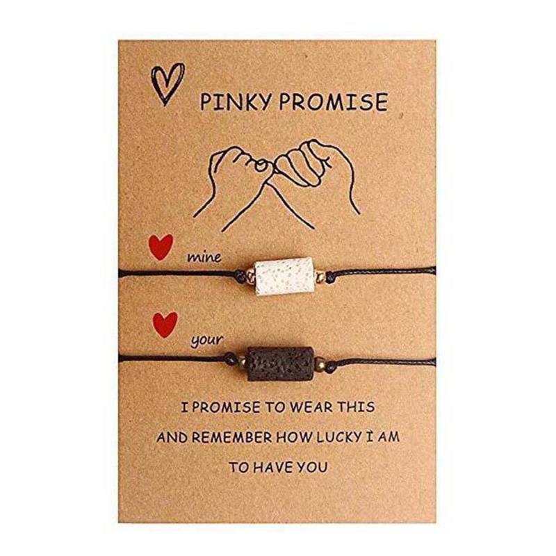 

Charm Bracelets Pinky Promise Braided Bracelet Essential Oil Type Round Beads Lava Stone Card Couple Friendship For Her His Gifts