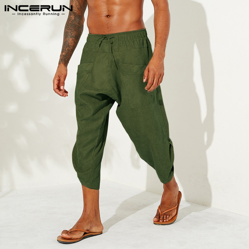 

INCERUN Cotton Linen Men Casual Pants Solid 2020 Loose Joggers Retro Calf Length Trousers Men Streetwear Drop Crotch Harem Pants, Black