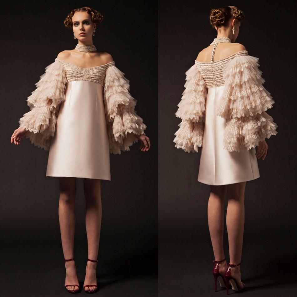 

2019 Krikor Jabotian Short Prom Dresses Off The Shoulder Knee Length Long Sleeve Cocktail Party Gowns Tiered Lace Beads Evening Dress, Water melon