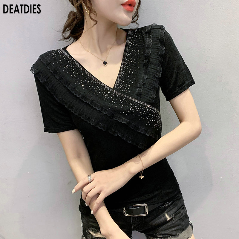 

Plus Size Women Diamonds T shirts Fashion T-shirts Cotton Lace Slim Tops & Tees Short Sleeve Tshirts Casual Tshirts New 2020, Black