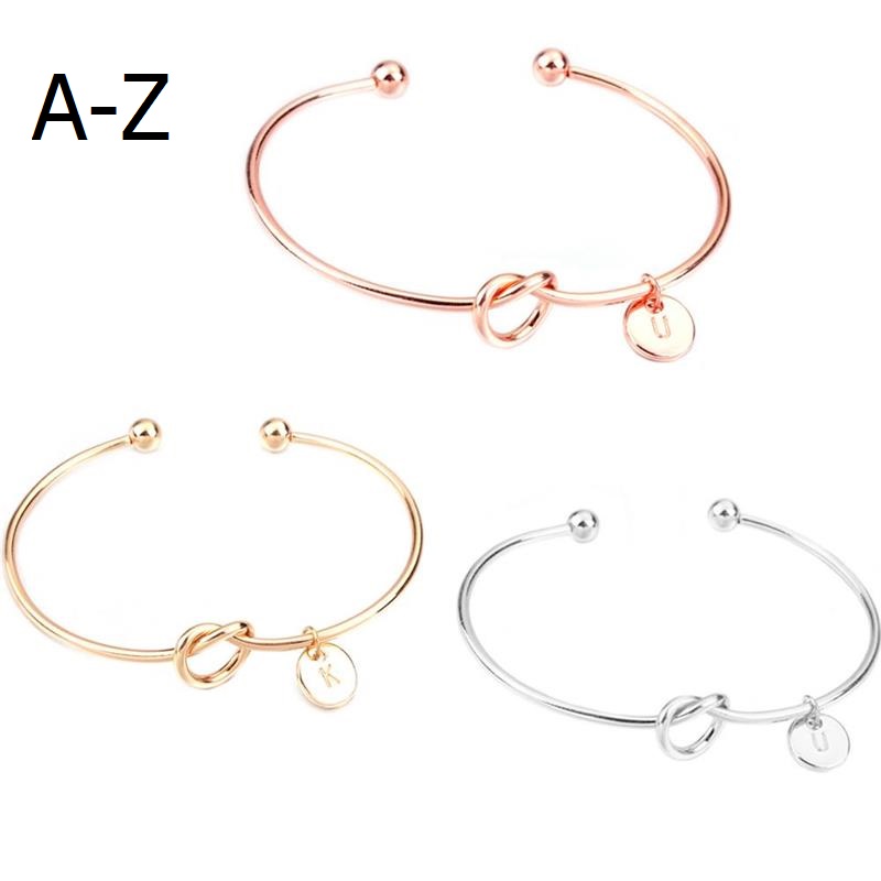 

26 Letter Bracelets Rose Gold Silver Gold Simple style knotted heart bracelets Bangle Girl Fashion Jewelry Zinc Alloy Round Pendant