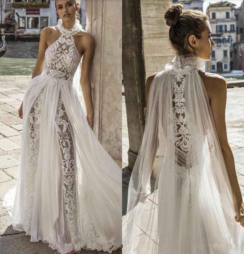 

Julie Vino 2020 Bohemian Wedding Dresses Halter Neck Lace Bridal Gowns Delicate A Line Boho Wedding Dress vestido de novia Special Cut, Gold
