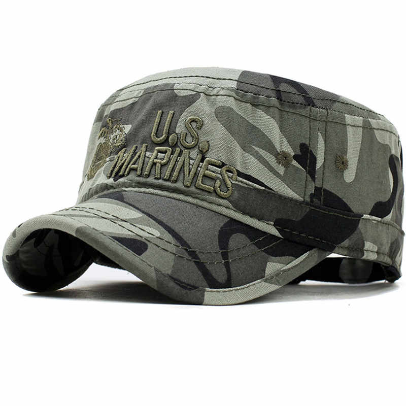 

United States US Marines Corps Cap Hat Military Hats Camouflage Flat Top Hat Men Cotton hHat USA Navy Embroidered Camo Hat, Army green