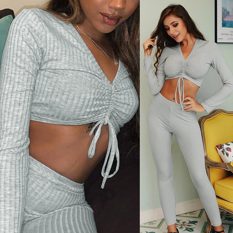 

2020 Women' Yoga Suit Sexy Drawstring Hang Strip Casual Long Sleeve Exposed Navel V Neck Grey Sport Bra Gym Workout Fitness Set, Gray