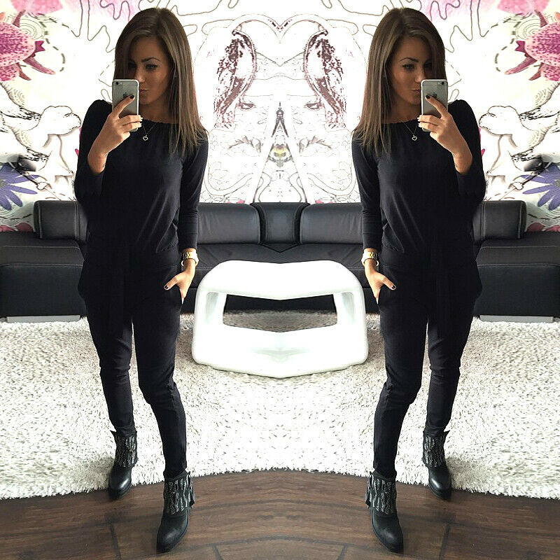 

Casual Women Set Two Pieces Casual Outfits Long Sleeve Off Shoulder Crop Sexy Warm Autumn Spring Top+Long Drawstring Pants Set, Black